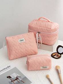 1 件粉色心形绗缝格子化妆包，心形图案，少女心设计，多功能化妆品收纳袋便携式化妆刷手拿包带拉链开合，可装口红、刷子、护肤品 - 彩色 - 查看 11