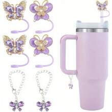 Crystal Bling Butterfly Silicone Straw Cover Caps For  Cup 30 40 Oz Tumbler 4 Pcs Colourful Butterfly Straw Tips And 2 Pcs Handle Charms