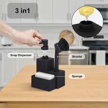 1pc Black 3-In-1 Kitchen Dishwashing Tool With Sponge Holder And Brush