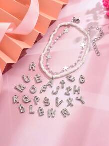 2pcs/Set Elegant 26 Alphabet Pendant, White Faux Pearl Stretch Five-Pointed Star Anklets Set, Fashion Jewelry Suitable For Beach, Travel, Summer Essential