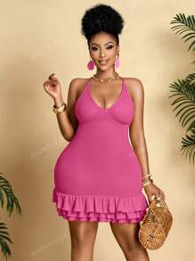 BIUBIU Vestido holgado de mujer talla grande talla en unicolor, sexy, con cuello halter y escote bajo, ajustado a la cadera, un básico para los viajes a Hawái, apropiado para citas de vacaciones