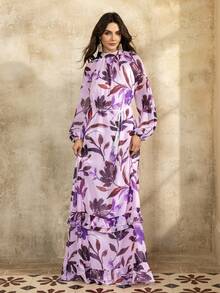 Faeriesty Printing Elegant Chiffon Maxi Dress With Intricate Floral Printed – High Neck Ruffled Sleeves, Adjustable Drawstring Waist & Tiered Ruffle Hem For Garden Parties, Art Exhibitions & Boho Chic Travel Outings,Vacation Essentials - Baby Pink - View 1