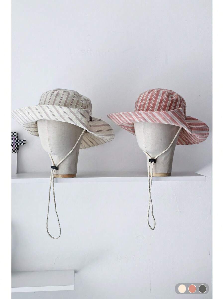 1 pieza Sombrero de ala ancha para protección solar, gorro cubo rayado de verano para mujer para senderismo, trekking al aire libre, camping, visera para el sol - Cordón de punta plana - Ver 1