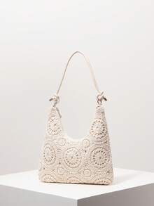 花卉镂空钩针编织单肩包、沙滩包、度假包、钩针套装、女士优雅包包、度假必备品、旅行必备品（图案随机） - 杏色 - 查看 2