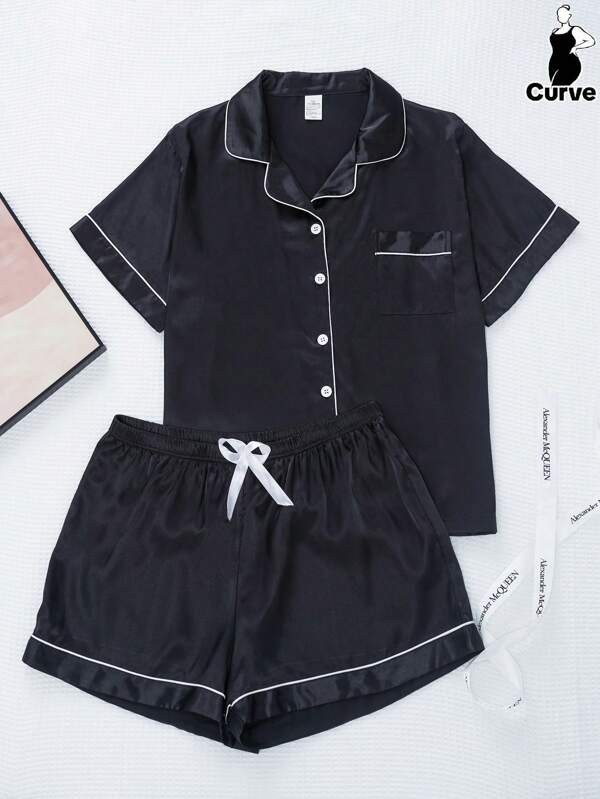 2pcs Plus Size Women Solid Color Ice Silk Satin Fabric Pajama Set, Spring Summer Luxury Lightweight Comfort Party & Vacation Wear Short Sleeve Lapel Top And Bow Shorts