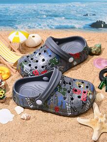 1 Pair Boys' Comfortable, Fashionable, Lightweight, Casual, Cute Print Outdoor Beach Sandals, Suitable For Summer - Grey - View 3
