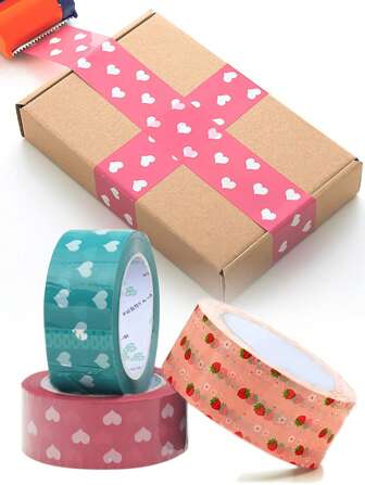 1-3卷装爱心草莓图案包装胶带，长度100-120米，适用于感恩节、圣诞节、盒子封口等场合的装饰包装胶带，宽度4.5厘米