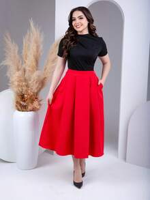 Women's Midi Skirt Tailored Lined Casual Plain With Pleats And Zipper At The Back Elegant Beautiful And Modest Classic - Rojo - Ver 2