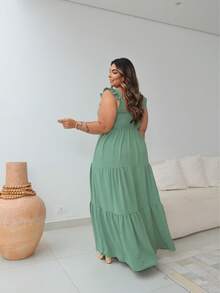 Long Plus Size Dress, With Straps, Three-Mariah Ruffle, Latex On The Back, Women's Fashion, Elegance, Versatile, In Duna Fabric. - 綠色 - 查看 2