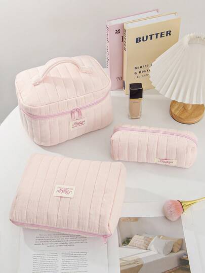 1 pieza Bolsa de maquillaje acolchada con cremallera y diseño octagonal para viajes, con gran capacidad, a rayas, color rosa, para mujer. Bolsa estética y adorable de color rosa pastel para almacenamiento de artículos de tocador, perfecta como regalo de cumpleaños, Día de la Madre, Navidad o para amigos y maestros.