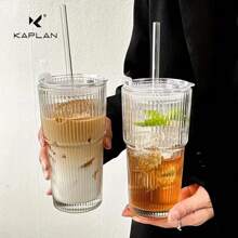 1 pieza, Vaso de vidrio con rayas, con pajita y tapa - 20.29oz/600ml, llamativo vaso de vidrio para beber, apto para café, té, whisky, leche, americano con hielo y bebidas de latte