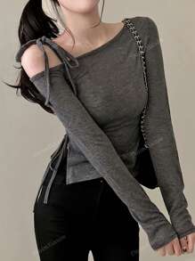 Side Tie-Up Cutout Off Shoulder Fitted Long Sleeve Top