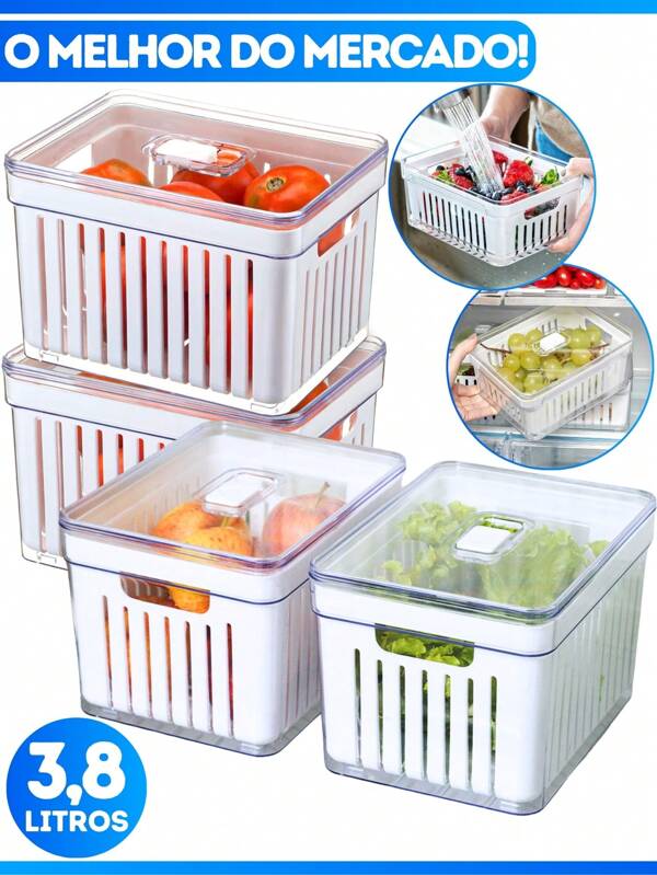 Kit Organizador De Geladeira Acrílico Com Tampa Clear Fresh 3,8L Com Cesto Lavagem Alimentos Frutas Saladas Verduras Cozinha Bonita Com Respiradouro Móvel Geladeira Armário Reforçado