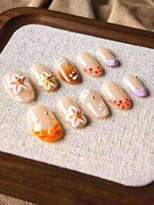 10 件超可爱多巴胺主题手工按压指甲，3D 花卉雕刻可重复使用可爱假指甲，带有花卉、波尔卡圆点、波浪元素，适合校园、节日、日常穿着，是送给女士和女孩的绝佳礼物（随机包装卡）