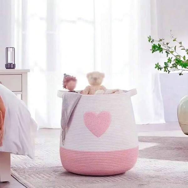 OYHOMO Large Woven Rope Basket With Pink Heart & Tassel, Round Laundry And Toy Storage Organizer Hamper With Handles, Stylish Home Decor For Bedroom Or Living Room
