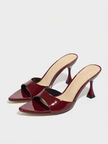 Jin Bei Qi 女士细高跟鞋，时尚明星高端派对户外尖头闪亮漆皮彩色材质性感穆勒鞋优雅酒红色正装鞋 - 酒紅色 - 查看 9