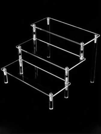 1pc 3-Tier Acrylic Display Rack, Transparent Stepped Shelves For Blind Box, Toys, Collectibles Storage, Random Pattern Parts Included