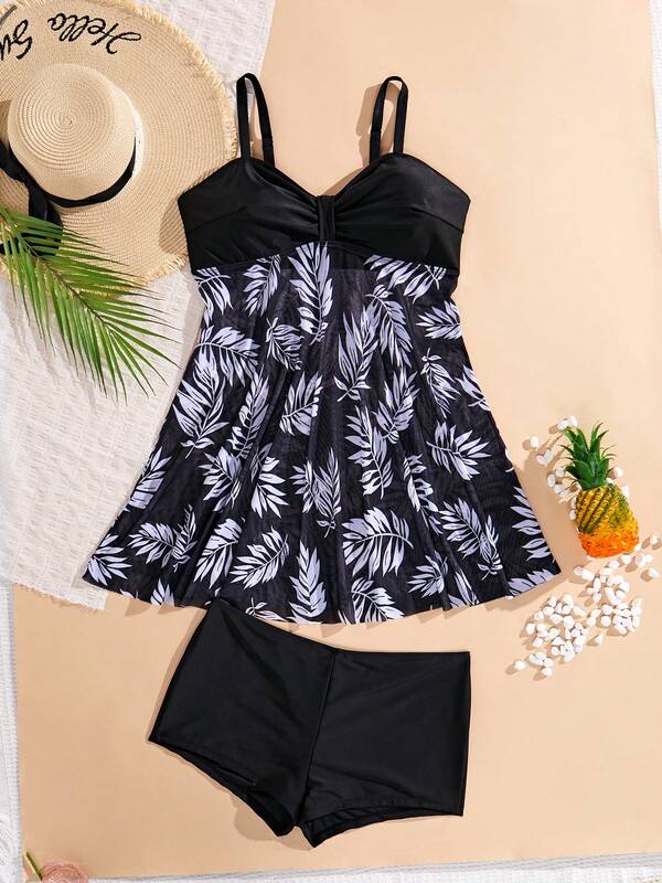 Costume da bagno donna taglie forti, pantaloncino vita alta, abbigliamento da spiaggia estivo e sexy, vestito da nuoto con stampa floreale e inserto in rete a contrasto, adatto per vacanze al mare