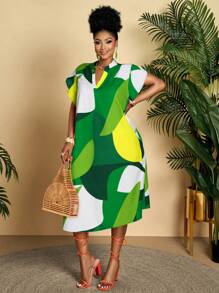 Summer Plus Plus Plus Size Women's Daily Leisure And Comfortable Vacation Geometric Print Small Stand Collar V-Neck Ruffle Sleeves Short Sleeved H-Shaped Loose Medium Long Dress (Random Pattern)