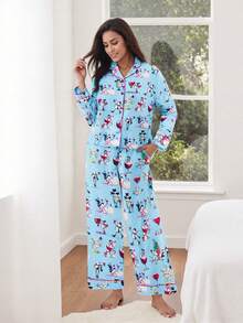 Womens 2 Piece Christmas Pajama Set Long Sleeve Snowman Print Button Up Shirt + Pants Set Winter Sleepwear - Sky Blue - View 4