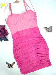 1 Pc Sheer Mesh Patchwork Multi-Tier Ruffle Hem Backless Bodycon Mini Dress, Summer - Hot Pink - View 3