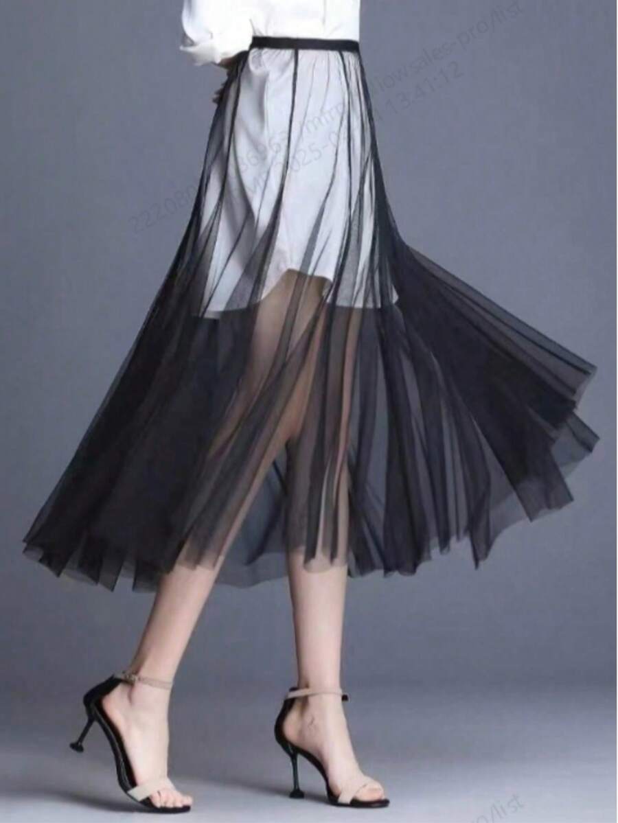 1pc Sheer Contrast Mesh Solid Color Mini Skirt, Casual A-Line Style, New For Summer 2024 Fall Clothes For Women - Black - View 1