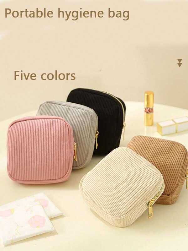 1pc Elegant Corduroy Sanitary Pad Pouch - Portable, Durable Pad Bag With Zipper Closure, Available In Pink, Grey, Black And Beige, Suitable For Travel And Daily Use, Travel Essentials | Elegant Zipper Closure | Durable Fabric, Sanitary Pad Bag