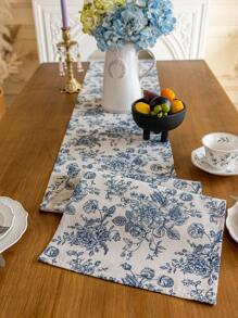 1 Peça Caminho de Mesa Retangular Estilo Boêmio com Padrão Floral Azul Vintage, Decoração de Tapete Lavável para Aparador, Buffet, Adequado para Festas, Piqueniques, Feriados, Interno ou Externo