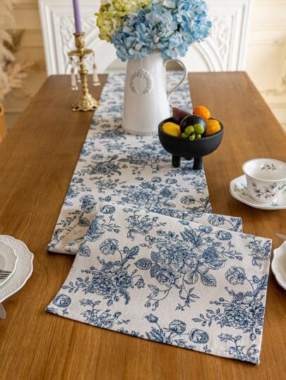 1pc Vintage Blue Rose Floral Table Runner, Boho, Sideboard, Shoe Cabinet, Coffee Table Cover, Washable, Dining Table Decor, Suitable For Living Room, Dining Room, Party, Outdoor, Holiday Decoration, Indoor/Outdoor, All Seasons, Autumn Decor