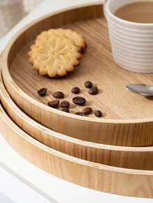 1pc Wooden Round Tray Plate, Hotel Water Glass Dish, Home Fruit Snack Cake Western-Style Plate - Beige - View 5