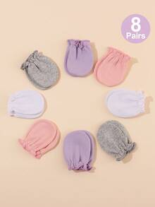 8 Pairs Baby Girls' Solid Color Anti-Scratch Mittens, Soft & Comfortable, Suitable For 0-6 Months Babies Daily Casual Wear, All Seasons - Girls Series - View 1