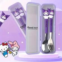 Sanrio (Authorized) Sanrio 2 Pieces Cute Cartoon Stainless Steel Portable Tableware Set, Children's Tableware, Student Outdoor Travel Spoon And Fork 2 Pieces Set, Suitable For Various Scenarios And Suitable For Various Festival Gifts(The Cutlery Box Can Be Disassembled Or Non Disassembled And Randomly Distributed),School Supplies