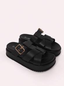 CIABATTE IN PELLE SINTETICA SUOLA 5CM CON TOMAIA EFFETTO PELLE - Negru - Vizualizare 3