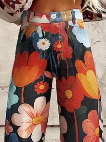 修身休闲度假印花精工时尚创意复古印花阔腿裤，优雅简约时尚，适合日常穿着 - 彩色 - 查看 4