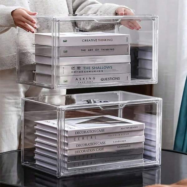 1pc Multifunctional Transparent PET Book Storage Box, Organizer Box For Books, Shoes, Wallets, Handbags, Hats, Home Items, With Magnetic Cover