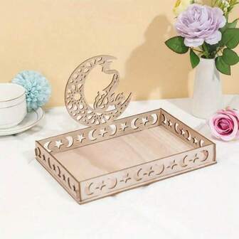 一套星月木质甜点托盘，易于组装，不可盛放食物，桌面装饰，A、B 两款，房间装饰，生日派对及节日庆典适用，采用硬纸板包装，防止运输途中损坏。