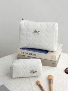 1 件粉色心形绗缝格子化妆包，心形图案，少女心设计，多功能化妆品收纳袋便携式化妆刷手拿包带拉链开合，可装口红、刷子、护肤品 - 彩色 - 查看 5