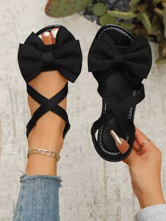 [Bow Flat Sandals] Comfortable 3D Bow Flat Sandals - Women's Fashionable Open Toe Slip-On Flats, Fabric Upper - Summer Footwear