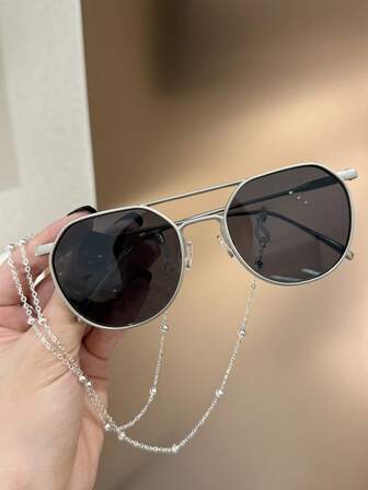1pc Vintage Oval Metal Double Bridge Aviator Fashion Glasses With Silver Chain, Fashionable And Versatile, Suitable For Parties, Beaches, Dances, European And American Street Snaps, Summer Vacations, Holidays, And Daily Casual Wear