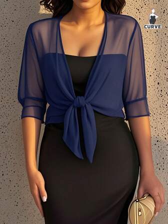 Pluse Size Chiffon Cardigan Tie Front Knot Shirt Women Summer Vacation Cover Up Sheer Casual Blouse Solid Color