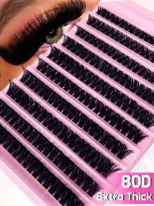 Kit de 200 penachos de pestañas individuales en 10 filas, D curl 80D de 8-16mm, aspecto natural, extra espeso y esponjoso, reutilizable, para extensión de pestañas individuales para uso propio en casa, de diario, boda, citas, fiestas, viajes y días de primavera