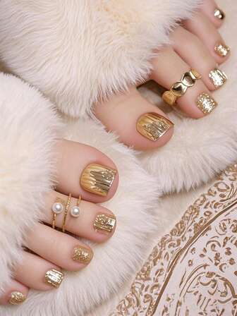 24Pcs/Set Short Square Press-On Nails, Gold Mirror With Fine Glitter Mixed Design, Summer Nails - Includes 1Pc Nail Buffer And 1Pc Jelly Gel Nail Supplies Nails