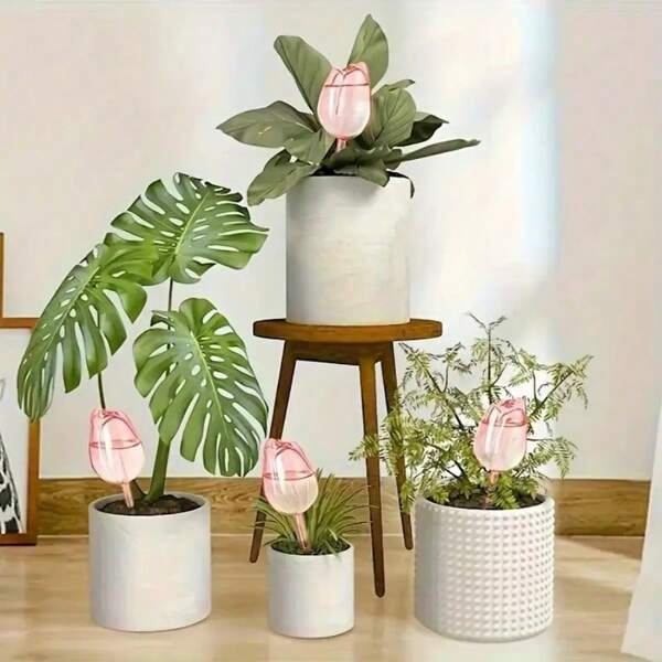 3pcs Pink Tulip Plant Watering Globes, Narrow Neck Design For Prolonged Drip Time, Rose Watering Devices, Anti-Drop Tulip Plant Watering Globes, Suitable For Outdoor Garden, Plants, Flowers, Potted Plants