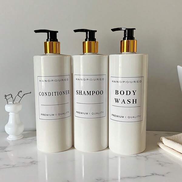 3pcs Refillable Shampoo Conditioner Body Wash Dispenser Bottles With Pump Bathroom Lotion Dispenser Container With Waterproof Labels