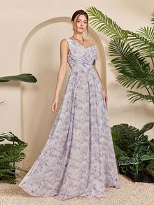 Mgiacy,New Arrival,Asymmetrical Collar,Printed,Elegant,Bridesmaid Dress,Ruffle,Belt,Chiffon,Long Dress,FOR,Wedding Guest - Mauve Purple - View 5