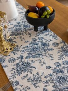 1 Peça Caminho de Mesa Retangular Estilo Boêmio com Padrão Floral Azul Vintage, Decoração de Tapete Lavável para Aparador, Buffet, Adequado para Festas, Piqueniques, Feriados, Interno ou Externo