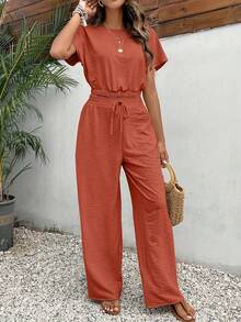 Conjunto De Dos Piezas Para Mujer De Color Sólido Con Manga Murciélago Y Pantalones Rectos Cortos - Naranja - Ver 3