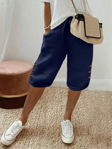 Women's Loose Fit Button Pockets Casual Knee-Length Shorts - Navy Blue - View 1