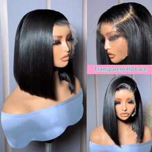Perruque Bob courte et lisse 13x6 avec dentelle frontale en cheveux humains pour femmes, cheveux humains pré-épilés, fermeture droite, couleur naturelle, densité 180 %