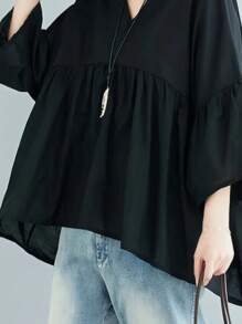 Plus Size Solid Color Ruffle Twist Collar Blouse